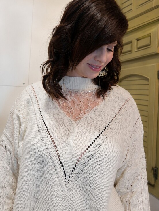 Private Label Sweaters - NWT Boutique Cream Cable Knit Lace Sequin Oversized Sweater S/M Boho Cozy